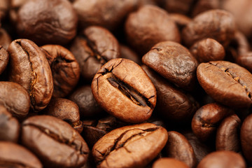 Closeup of coffee beans with selective focus for background