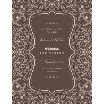 Wedding invitation cards Eastern style brown and beige. Arabic  Pattern. Mandala ornament. Frame with flowers elements. Vector illustration.