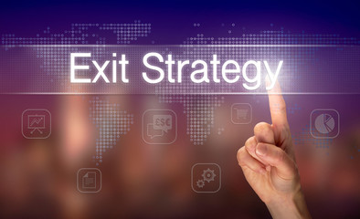 A hand selecting a Exit Strategy business concept on a clear screen with a colorful blurred background.