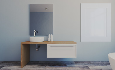 Fototapeta na wymiar Spacious bathroom in gray tones with heated floors, freestanding tub. 3D rendering.. Blank paintings. Mockup.