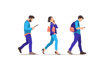 Young people walking. Humans strolling with smartphones, addicted to social networks and digital devices. Vector illustration.