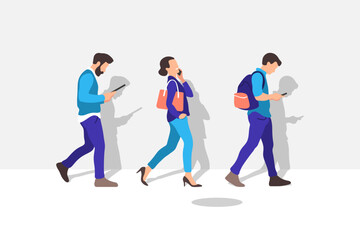 People walking on the street. They are using their digital devices. Vector illustration.