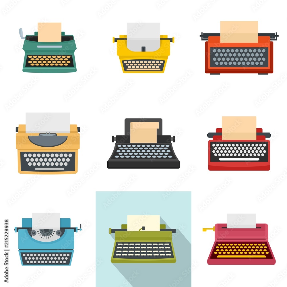 Poster typewriter machine keys old keyboard icons set. flat illustration of 9 typewriter machine keys old k
