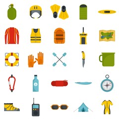 Rafting kayak water canoe icons set. Flat illustration of 25 rafting kayak water canoe vector icons isolated on white