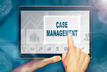 A hand holiding a computer tablet and pressing a case management business concept.