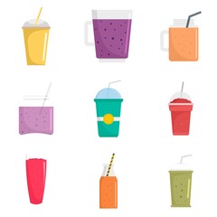 Smoothie milkshake fruit juice icons set. Flat illustration of 9 smoothie milkshake fruit juice vector icons isolated on white