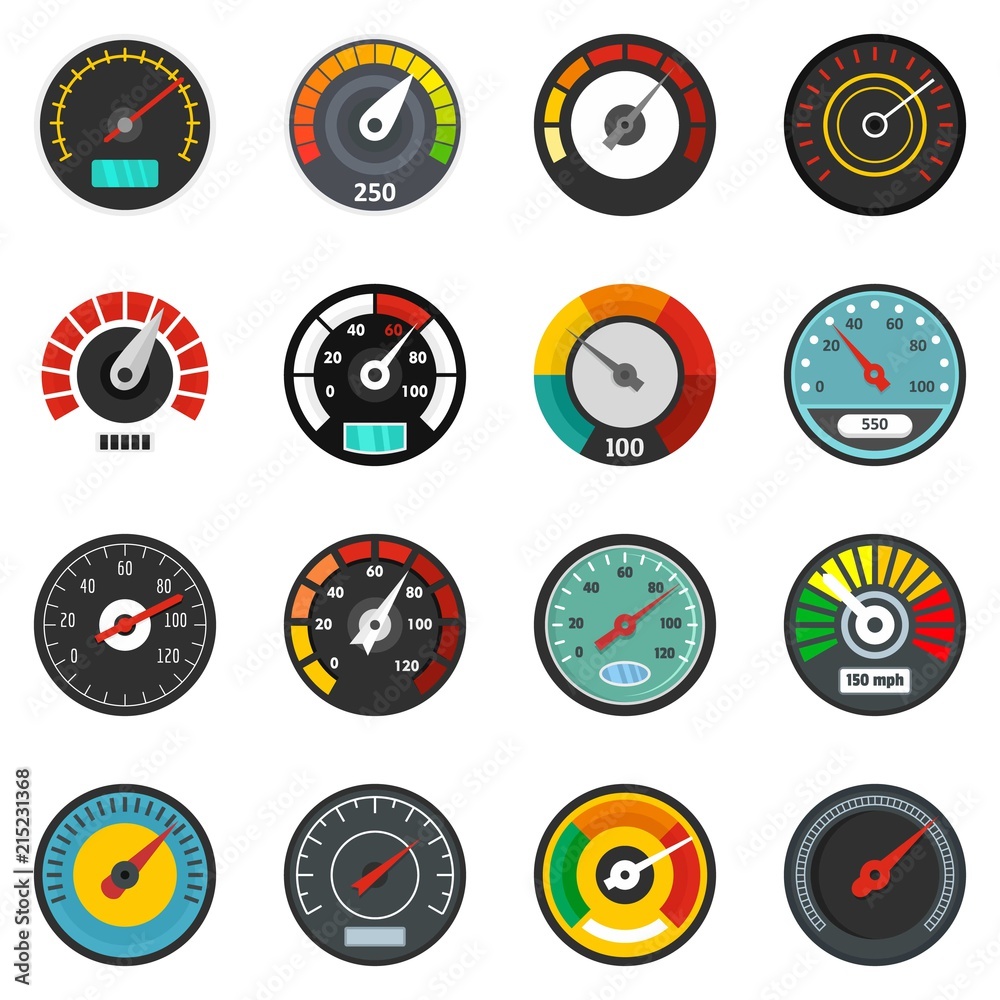 Poster speedometer level indicator icons set. flat illustration of 16 speedometer level indicator vector ic