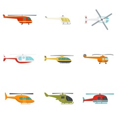 Helicopter military aircraft chopper icons set. Flat illustration of 9 helicopter military aircraft chopper vector icons isolated on white