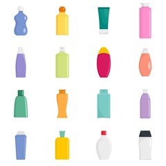 Shampoo bottle hair body washing soap care icons set. Flat illustration of 16 shampoo bottle hair body washing soap care vector icons isolated on white