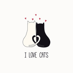Handgezeichnete Vektorillustration von niedlichen lustigen Katzen zusammen, Herzen, mit Zitat Ich liebe Katzen. Isolierte Objekte auf weißem Hintergrund. Strichzeichnung. Designkonzept für Poster, T-Shirt-Druck.