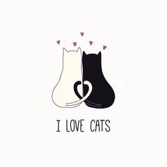 Fototapete Abbildungen Handgezeichnete Vektorillustration von niedlichen lustigen Katzen zusammen, Herzen, mit Zitat Ich liebe Katzen. Isolierte Objekte auf weißem Hintergrund. Strichzeichnung. Designkonzept für Poster, T-Shirt-Druck.