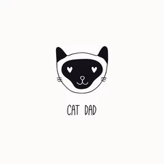 Sierkussen Hand drawn black and white vector illustration of a cute funny cat face, with quote Cat dad. Isolated objects. Line drawing. Design concept for poster, t-shirt print. © Maria Skrigan