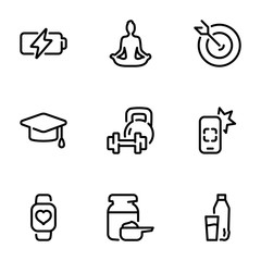 Set of black vector icons, isolated on white background, on theme Fitness & Training