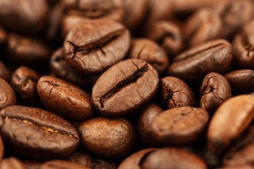 Closeup of coffee beans with selective focus for background