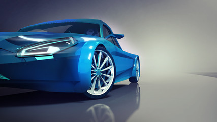 Fototapeta na wymiar blue modern car front closeup on illuminated background