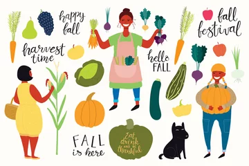 Sierkussen Big autumn harvest set with beautiful funny women picking corn, beets, carrots, pumpkin, dog, quotes, fruits, vegetables. Isolated objects on white background. Vector illustration. Flat design © Maria Skrigan