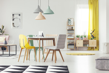 Wooden table with different chairs standing in real photo of white flat interior with pastel lamps, cupboard with plants, window with drapes and carpet on floor