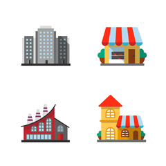 City buildings flat design long shadow color icons set