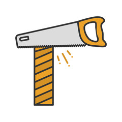 Hand saw cutting wooden plank color icon