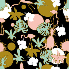 Naklejka premium Seamless hand drawn botanical exotic vector pattern with flamingos, orchids and leaves silhouette on dark background.