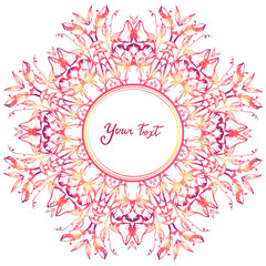 Mandala. Sweet pea.Beautiful vintage round pattern. Decorative retro banner isolated. Invitation, t-shirt print, wedding card. Tattoo element. Burgundy and pink and yellow.