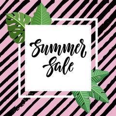 Summer sale design with lettering, tropical leaves frame and ink diagonal lines background.