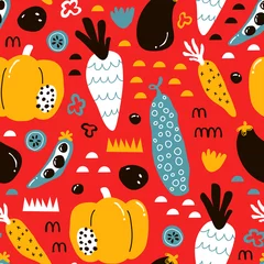 Zelfklevend Fotobehang vector naadloze achtergrondpatronen in Scandinavische stijl, cartoon schattige groenten en elementen voor stof ontwerp, inpakpapier, notebooks covers © boyusya
