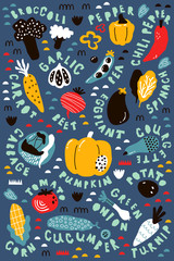 Naklejka premium Vector educational kids poster with scandinavian stylized vegetables and their names for kids room decor
