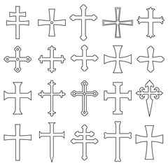 Christian crosses icons set outline. Different forms. Isolated on a white background. Vector illustration.