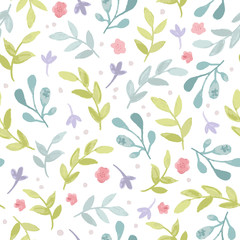 Watercolor seamless pattern with branches, leaves and flowers. Vector hand drawn spring background in pastel colors.