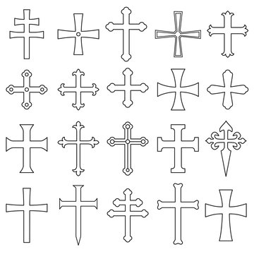 Christian crosses icons set outline. Different forms. Isolated on a white background. Vector illustration.