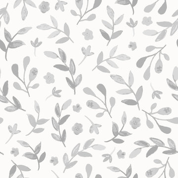 Seamless watercolor floral pattern with branches and leaves. Subtle monochrome hand drawn vector background.