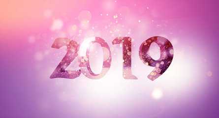 New Year 2019. New Year's poster, background with a volume inscription. 3d rendering. Dark bokeh background, magic dust, light effect, rays
