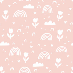 Vector cute abstract pattern. Rainbow, flower, clouds doodle vector seamless background. Design for fabric.