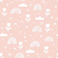 Wallpaper murals Out of Nature Vector cute abstract pattern. Rainbow, flower, clouds doodle vector seamless background. Design for fabric.