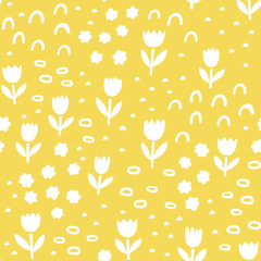 Vector pattern with florals and sbstract shapes. Doodle silhouette seamless background with tulip flowers.