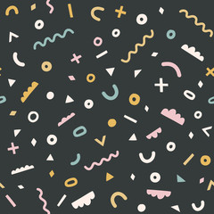 Retro geometric pattern. Abstract vector seamless background in memphis style. Hand drawn geometric figures.  
