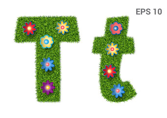Letter Tt with a texture of grass and flowers