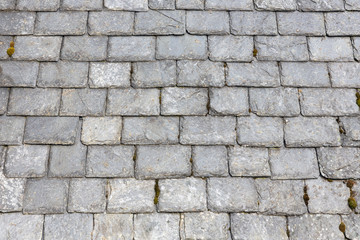 Old weathered slate roof tiles background with moss behind the slates