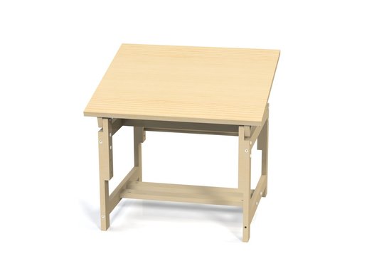 Children's small wooden table on a white background. Isolate. Render 3d mode kid desk.
