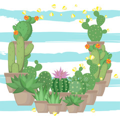 Frame. Succulent and cactus in a pot, the composition. Vector illustration.