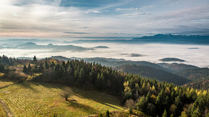 Naklejka premium Beautiful view to Tatras at sunrise in autumn, Poland