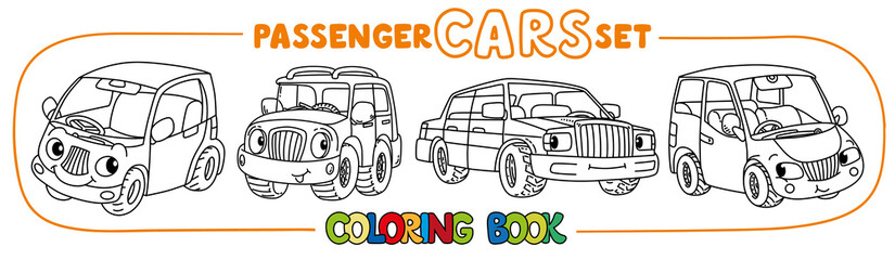 Funny small city cars with eyes. Coloring book set © passengerz