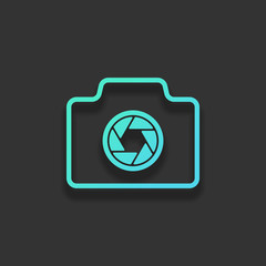 Photo camera, linear symbol with thin outline, simple icon. Colo