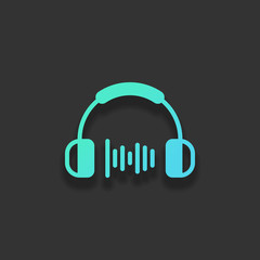 Headphones and music wave. Medium volume level. Simple icon. Col