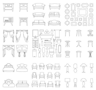 A set of various furniture, sanitary ware, decor and accessories in a linear style. Collection of objects for creating interiors. Vector.