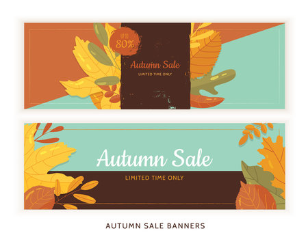 Set of flat autumn leaves banners with grunge labels on dark background. Seasonal promotion