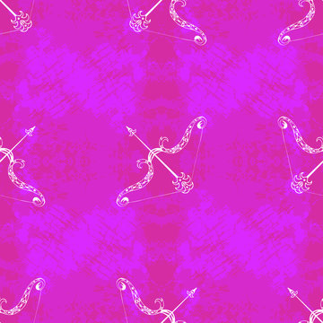 Dussehra, Navratri festival in India. 10-19 October. Hindu holiday. Bow and arrow of Lord Rama. Seamless Pattern. Grunge purple background. Hand drawing