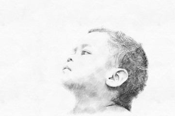 Pencil sketch of asian baby girl.