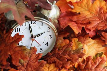 Vintage alarm clock buried underneath colorful fallen autumn leaves with shallow depth of field....